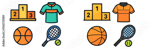 Sports and competition illustrations showcasing awards, jerseys, and equipment for various games