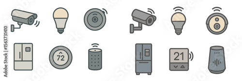 Smart home devices including security cameras, smart bulbs, and a thermostat contribute to home automation and energy management