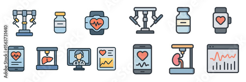 Health technology icons representing medical advancements and fitness monitoring devices in a modern context