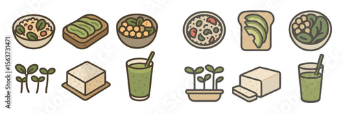 Healthy vegetarian meal prep with bowls of greens and tofu dishes on display for a nutritious diet