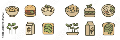 Various plant-based food illustrations showcasing bowls, burgers, and drinks in a minimalist style