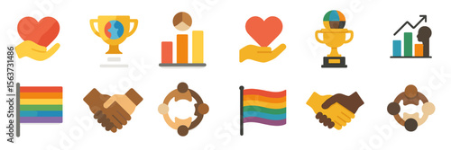 Creative icons representing community, achievement, and inclusivity with vibrant colors and simple designs