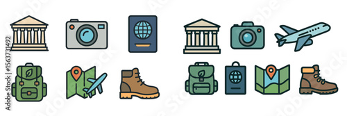 Exploring travel essentials with icons representing adventures, landmarks, and exploration activities