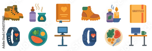 Outdoor wellness essentials featuring hiking boots, healthy food, and gratitude tools for mindful living