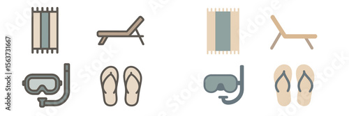 Relaxing beach essentials including loungers, towels, and snorkeling gear for a perfect summer day