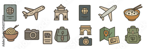 Travel icons representing adventure, exploration, and culinary experiences across diverse cultures