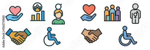 Heart and community symbols represent care, connection, and inclusivity in social interactions and support networks