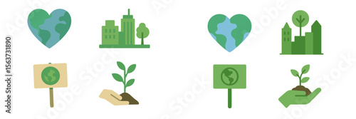 Icons representing environmental awareness and sustainability in an urban setting during daylight
