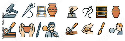Craft techniques showcasing various skills including woodworking, pottery, and sewing at a creative workshop