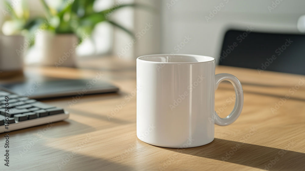 White ceramic mug on a wooden desk in a sunlit modern office space. White ceramic mug on a wooden desk in a sunlit modern office space.