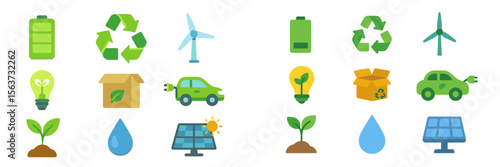 Green energy symbols illustrating eco-friendly practices, sourced from nature and technology, promoting sustainability and environmental awareness