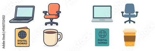 Essential items for digital nomads including laptops, chairs, and travel accessories for remote work environments