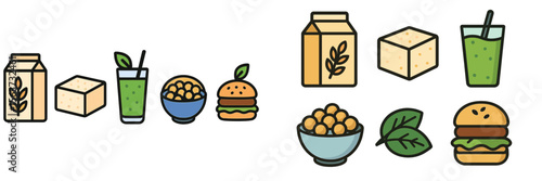 Plant-based food items including beverages, snacks, and meals arranged on a vibrant background