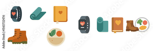 Healthfocused lifestyle accessories featuring smartwatches, notebooks, and hiking boots with nutritious meals