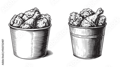 Fried chicken bucket with crispy pieces in bold black and white engraved vintage line art