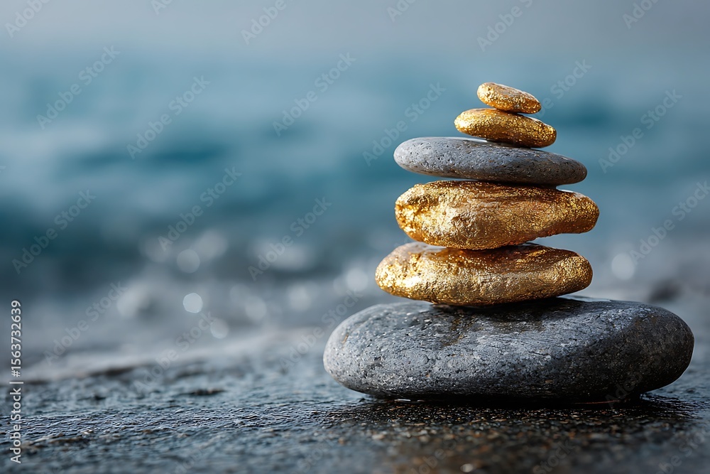 Fototapeta premium Elegant macro golden pebbles on gray stones blue water backdrop 