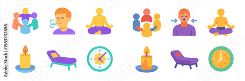 Wellness icons featuring meditation, relaxation, and time management in a calming aesthetic