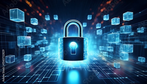 futuristic digital padlock with glowing keyhole is surrounded by network of blockchain cubes symbolizing advanced security and technology