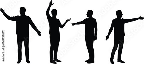 Silhouette illustration of four people standing side by side, each making unique gestures with arms and hands
