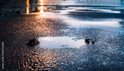 close up of a water puddle on blacktop after rain captured in macro detail