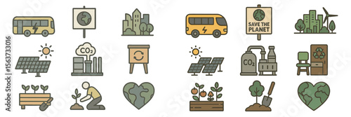 Illustrations of environmental sustainability and urban eco-friendly practices featuring various activities and elements