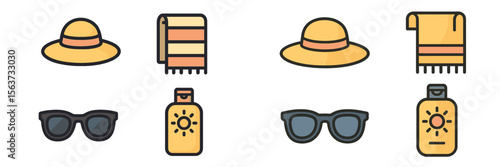 Summer vacation essentials for sunbathing at the beach with towels, hats, sunglasses, and sunscreen