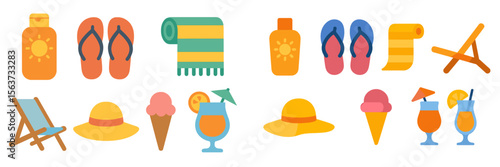 Summer essentials for a perfect beach day featuring sunscreen, flip flops, and refreshing drinks