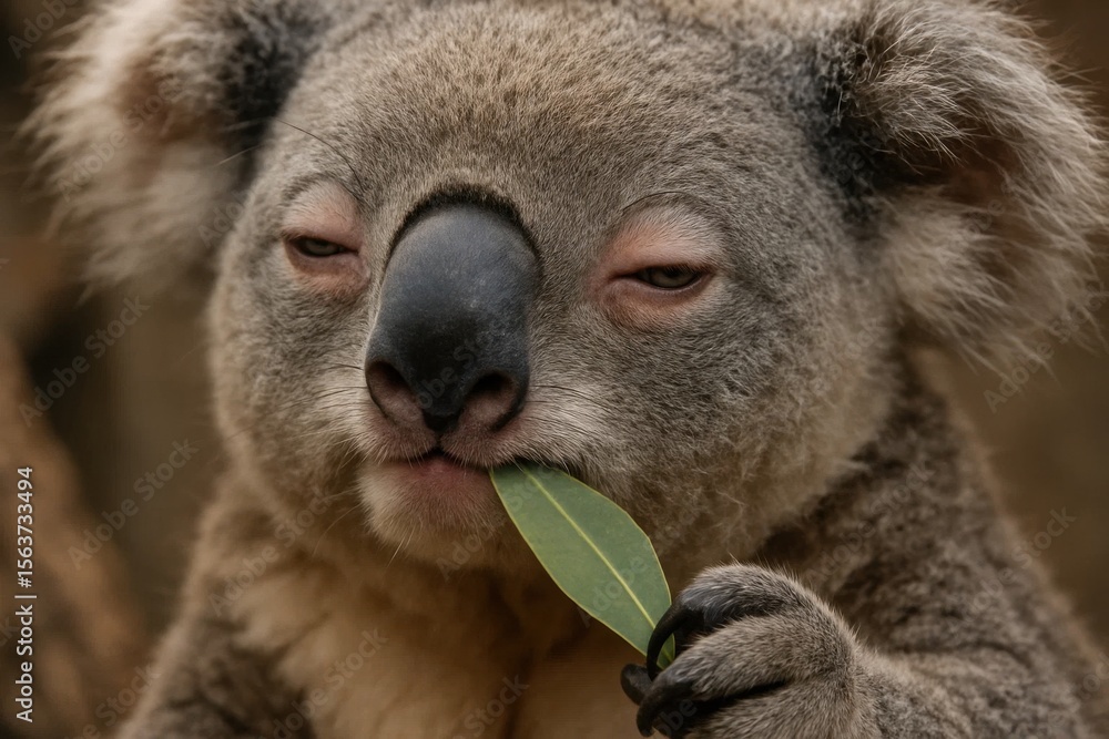 Naklejka premium A koala bear eating a leaf in its mouth