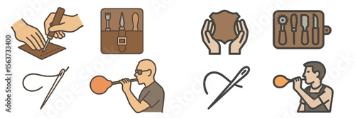 Detailed illustrations of craftsmanship activities highlighting leatherworking and glassblowing techniques in a creative workshop