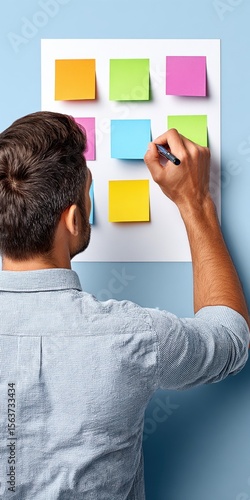 Organized Business Mind - Businessperson arranging sticky notes on whiteboard with copy space, focused work concept.