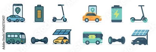 Electric vehicles and charged transportation icons showcasing modern commuting options and renewable energy sources