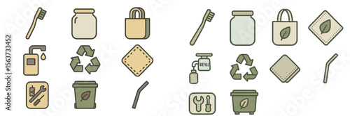 Collection of eco-friendly items and symbols promoting sustainability and recycling in everyday life
