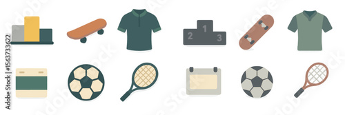 Sports equipment and gear arranged for various athletic activities and events in a minimalist style