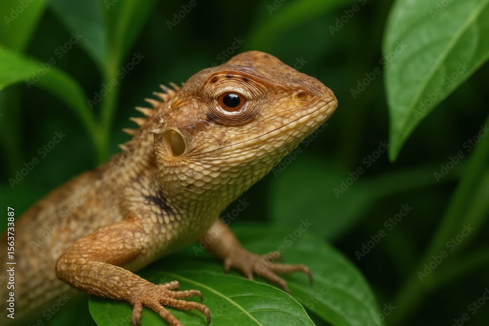 Fototapeta premium A small lizard sitting on top of a green leaf