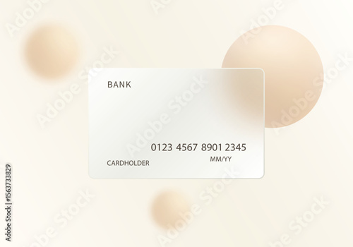 Glassmorphism bank card mockup with beige spheres