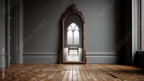 Scary Hallway, Vintage Ornate Mirror Reflection in Gothic Room with Elegant Architecture and Wooden Flooring