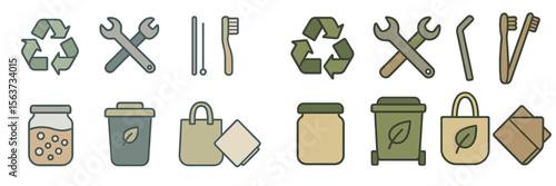 Reusable and recyclable items illustrated for eco-friendly living and sustainable practices