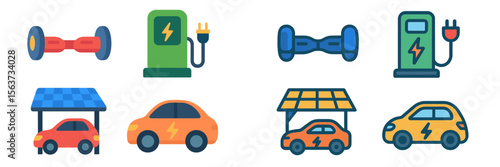 Electric vehicle charging with solar energy gadgets and fitness elements depicted in a colorful style