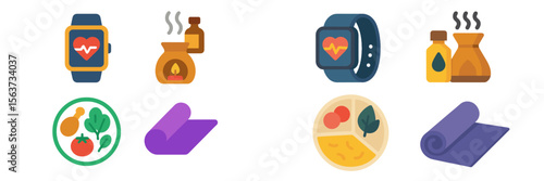 Health and wellness icon set featuring fitness tracking and healthy foods with cooking elements