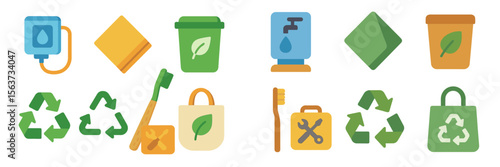 Recycling symbols and eco-friendly icons for sustainability awareness and practices in everyday life