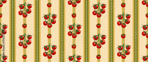 Red fresh ripe tomatoes on vine seamless pattern with hand drawn decorative, ornamental  floral leaves vertical striped on a beige backdrop, perfect for culinary, textile, graphic, wrapping design
