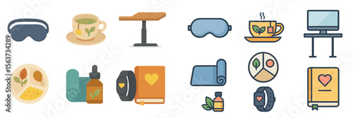 Icons depicting relaxation and wellness activities at a cozy setting with tea, meditation, and self-care items