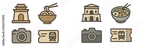 Exploring local cuisine and landmarks through various icons and symbols created with a minimalist design