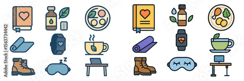 Health and wellness icons representing self-care activities and tools for maintaining well-being