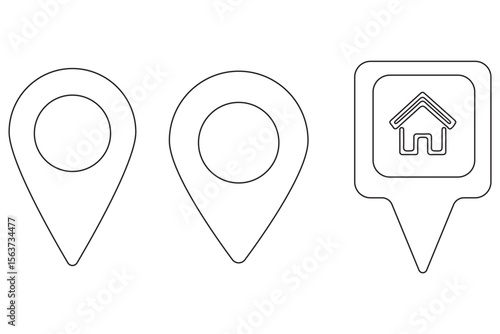 location icon, map pin icons in outline, black, and red styles. for maps, GPS, navigation apps, location markers, address indications, and geolocation interfaces 