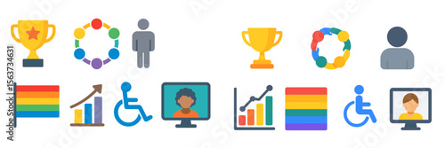 Collection of colorful icons representing achievements, diversity, and inclusivity in digital design