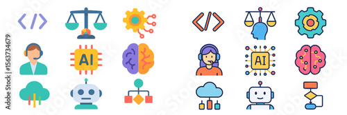 Icons representing technology, artificial intelligence, and support roles in a digital environment