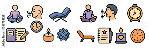 Mindfulness practices and relaxation techniques illustrated in various icons for mental well-being