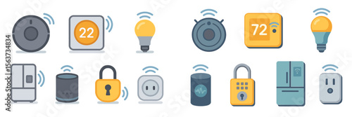 Smart home devices showcase connectivity and automation features in a modern setting with various appliances and controls