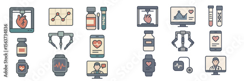 Various health technology icons depicting medical devices, telehealth services, and health monitoring tools in a modern design